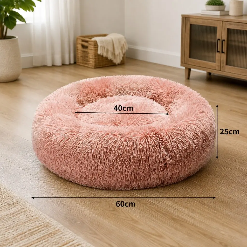 Pet Bed Cat Dog Donut Nest Calming Medium Raised Rim Non-Slip Pink Plush