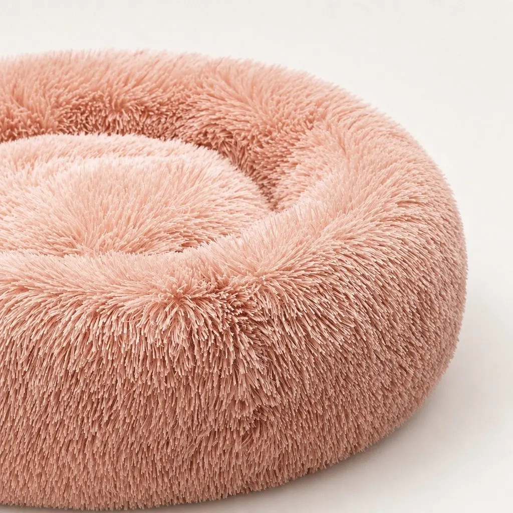 Pet Bed Cat Dog Donut Nest Calming Medium Raised Rim Non-Slip Pink Plush