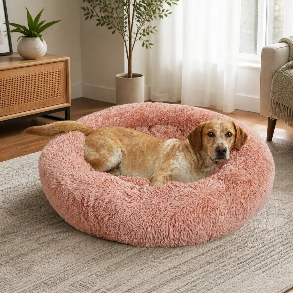 Pet Bed Cat Dog Donut Nest Calming Medium Raised Rim Non-Slip Pink Plush