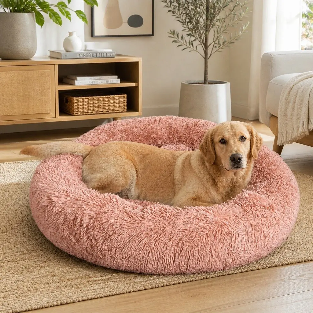 Pet Bed Cat Dog Donut Nest Calming Medium Raised Rim Non-Slip Pink Plush