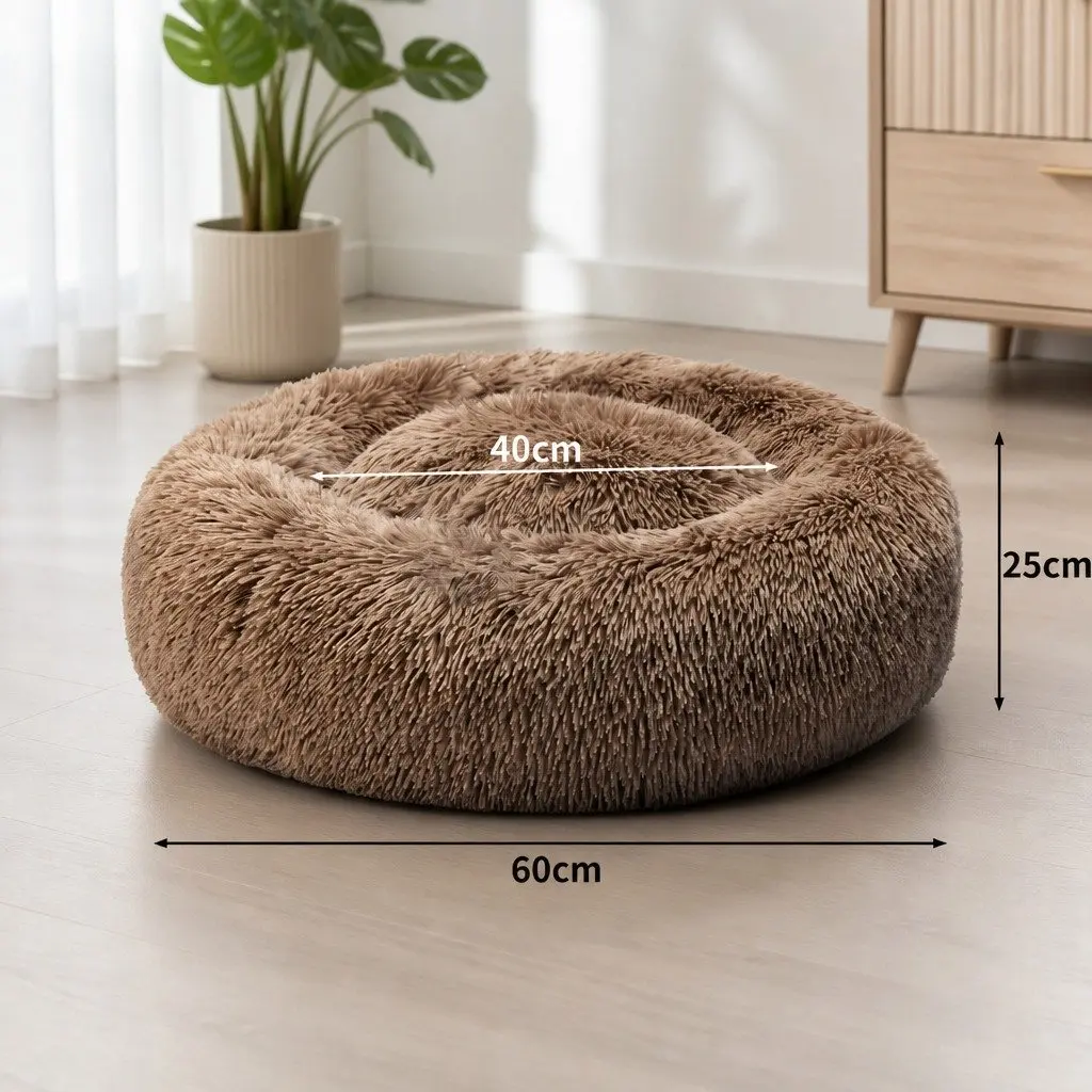 Pet Bed Donut-Shaped Calming Dog Bedding Medium Brown