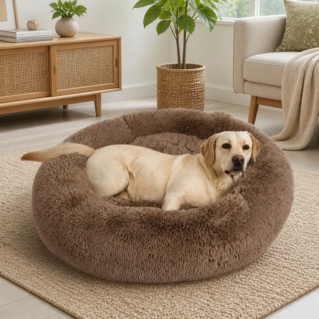 Pet Bed Donut-Shaped Calming Dog Bedding Medium Brown