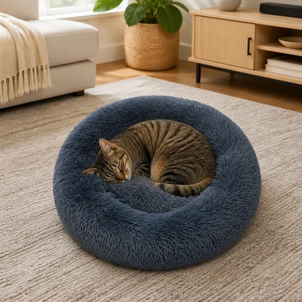 Pet Bed Dog Beds Donut Mattress Small Plush Comfort Calming Raised Rim Non-Slip