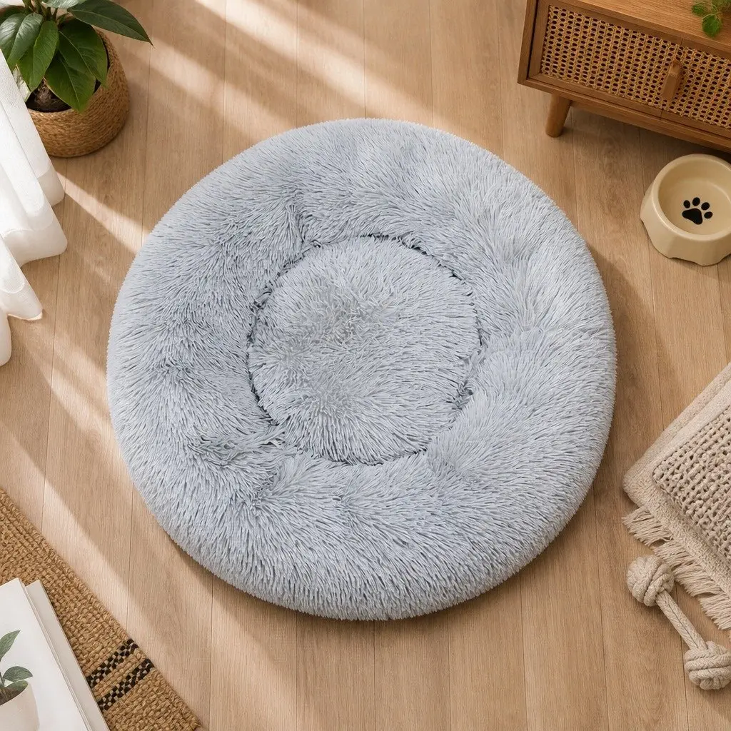 Donut Pet Bed Calming Dog Bed Plush Mattress Small Size Light Grey