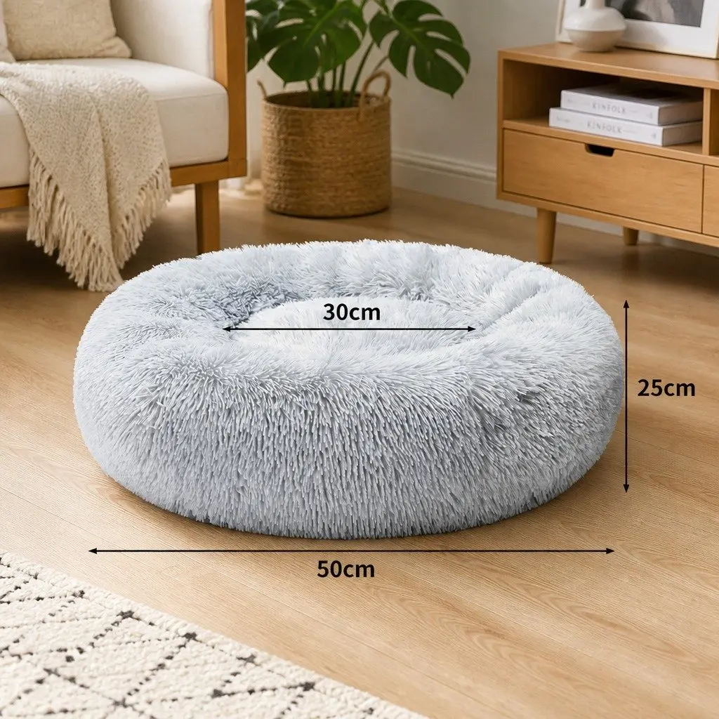Donut Pet Bed Calming Dog Bed Plush Mattress Small Size Light Grey