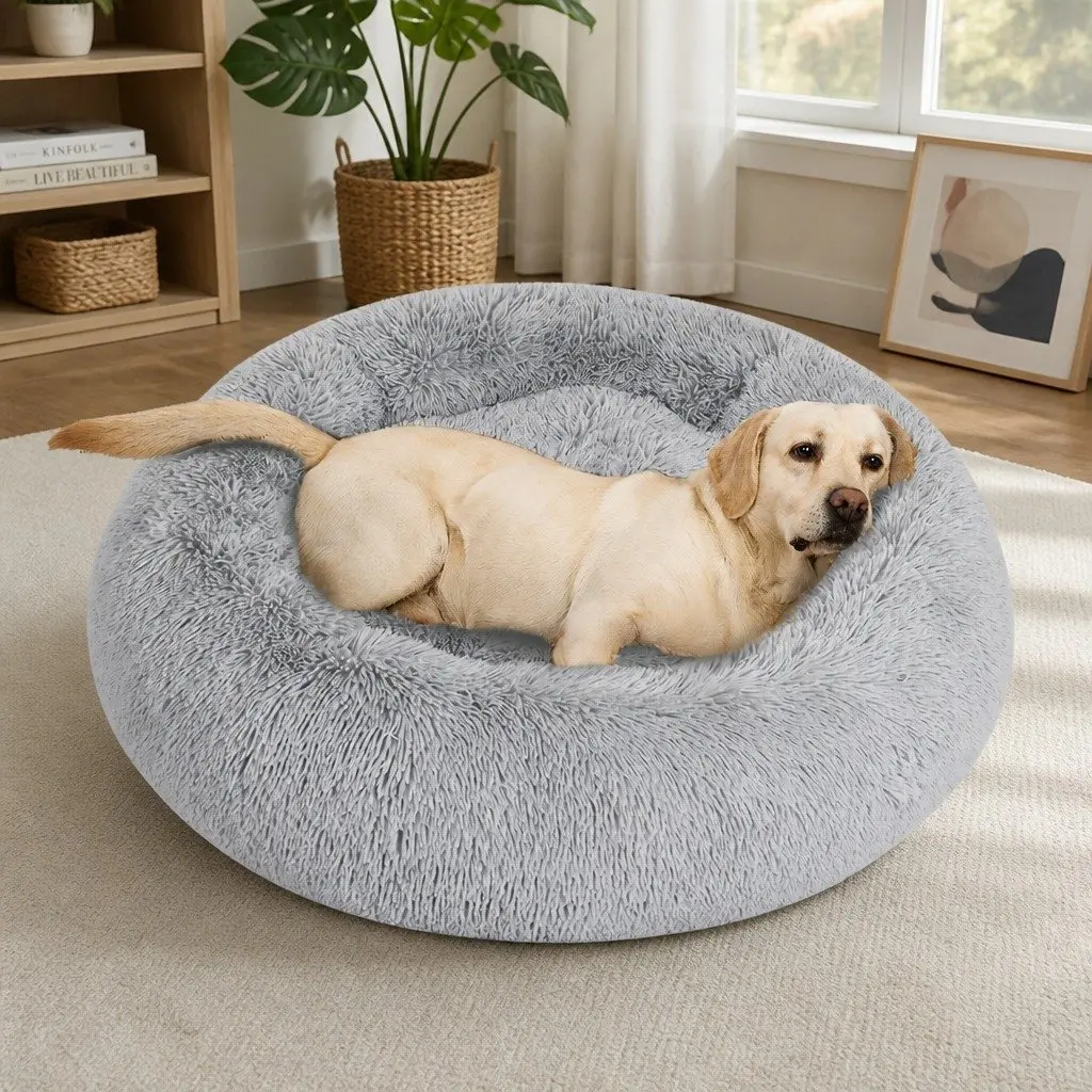 Donut Pet Bed Calming Dog Bed Plush Mattress Small Size Light Grey