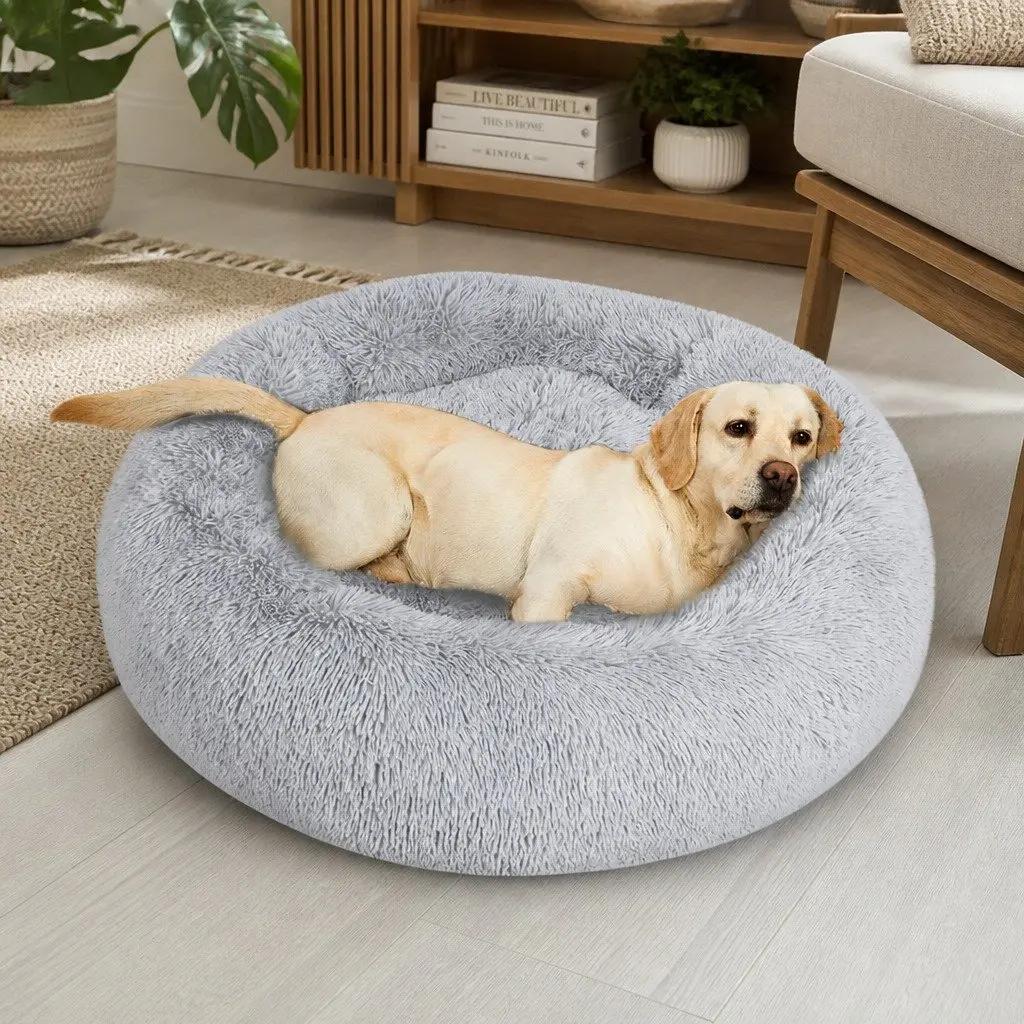 Donut Pet Bed Calming Dog Bed Plush Mattress Small Size Light Grey