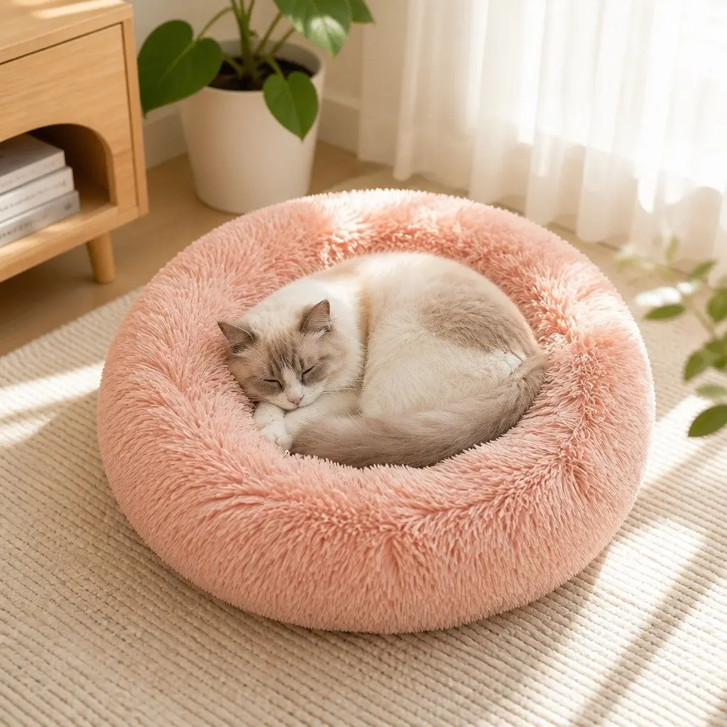 Pet Bed Donut Nest Calming Small Pink
