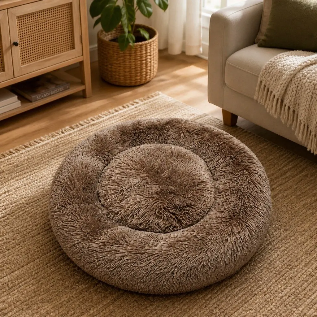 Dog Bed Donut-Shaped Calming Sleeping Mat Small Brown
