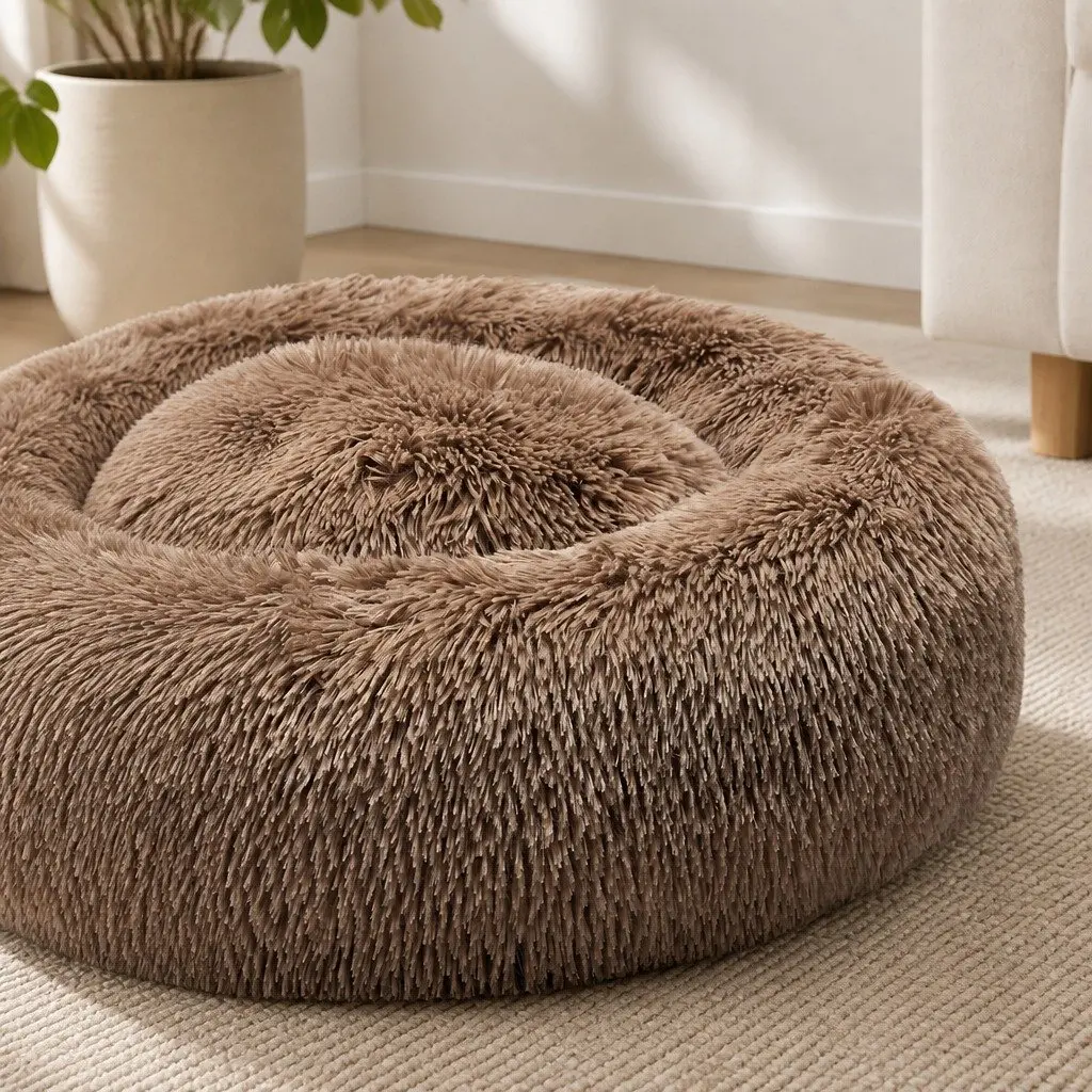 Dog Bed Donut-Shaped Calming Sleeping Mat Small Brown