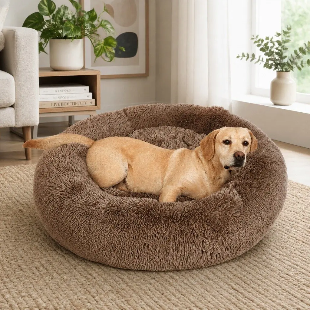 Dog Bed Donut-Shaped Calming Sleeping Mat Small Brown
