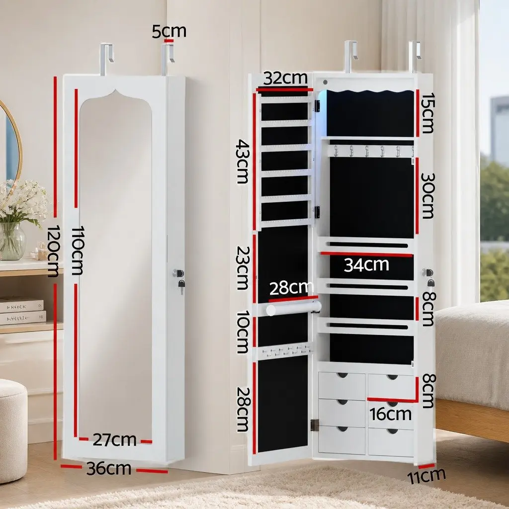 Jewellery Cabinet Lockable Wall Mount Over Door Full Length Mirror LED White