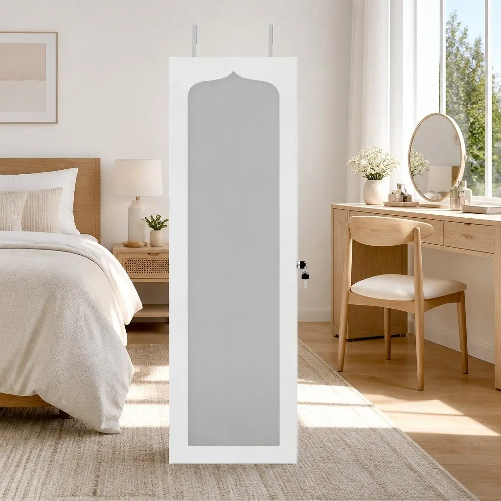 Jewellery Cabinet Lockable Wall Mount Over Door Full Length Mirror LED White