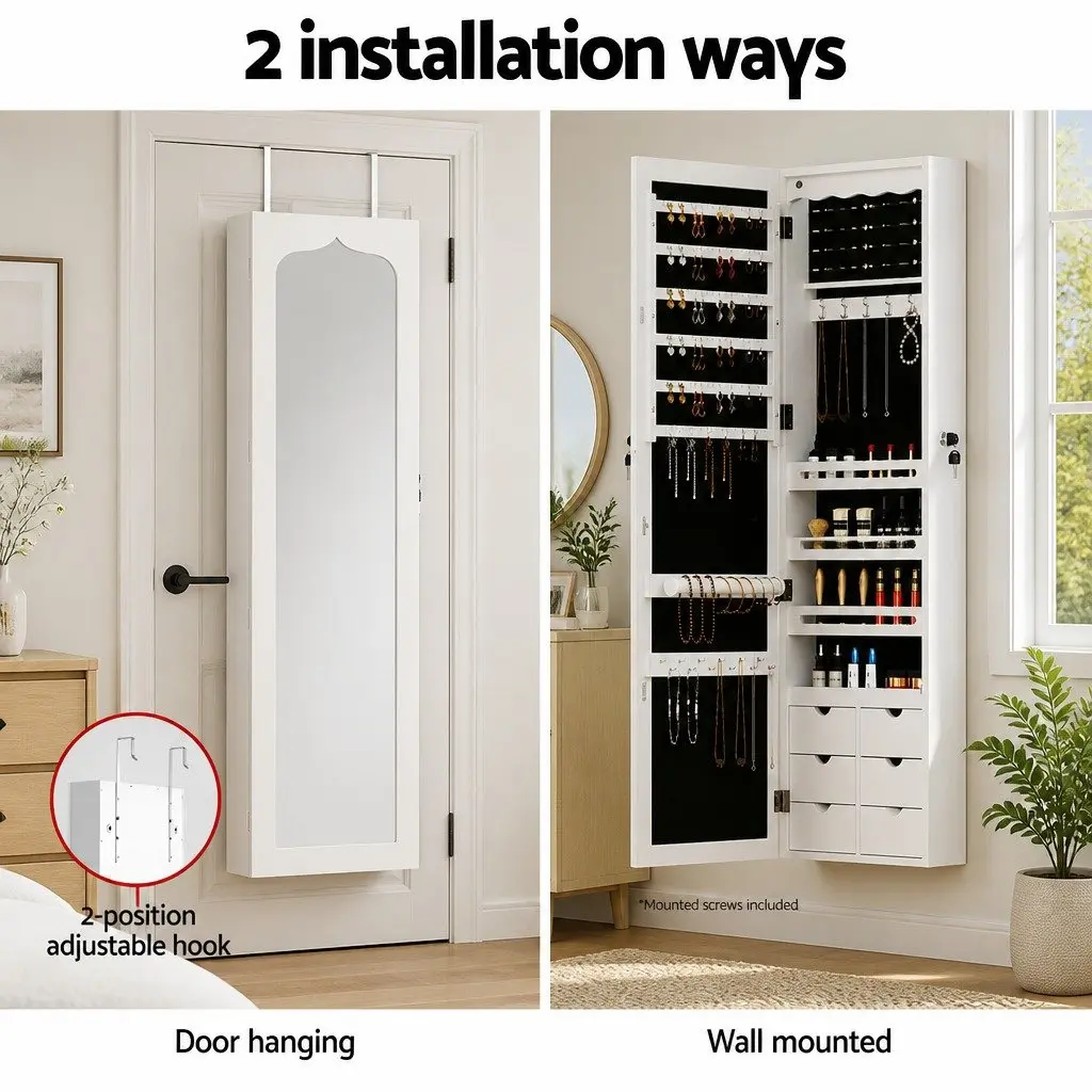 Jewellery Cabinet Lockable Wall Mount Over Door Full Length Mirror LED White