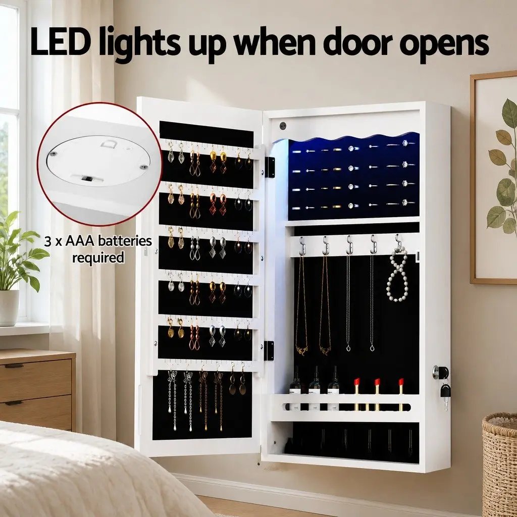 Jewellery Cabinet Lockable Wall Mount Over Door Full Length Mirror LED White