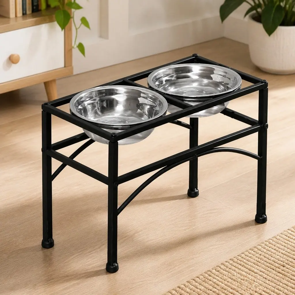 Dual Elevated Pet Dog Puppy Feeding Dishes Large Stainless Steel Bowls Black Iron Base