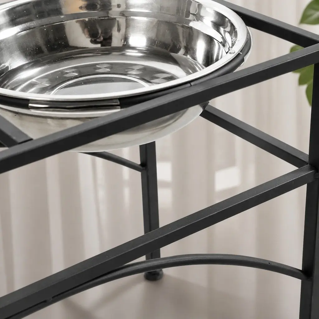 Dual Elevated Pet Dog Puppy Feeding Dishes Large Stainless Steel Bowls Black Iron Base