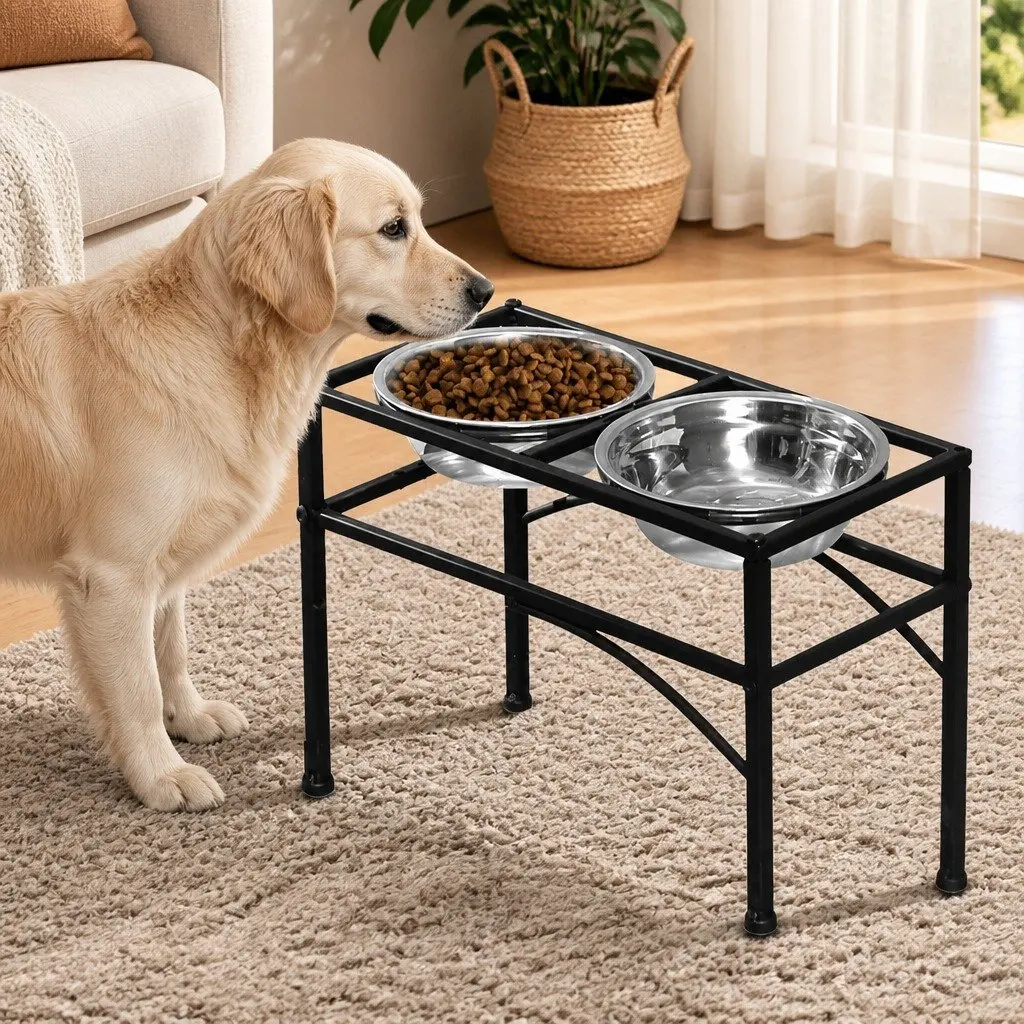 Dual Elevated Pet Dog Puppy Feeding Dishes Large Stainless Steel Bowls Black Iron Base