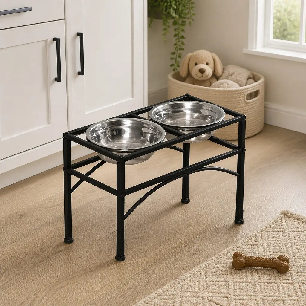 Dual Elevated Raised Pet Dog Feeder Medium 2-in-1 Dish Stainless Steel Bowls Black Iron Base