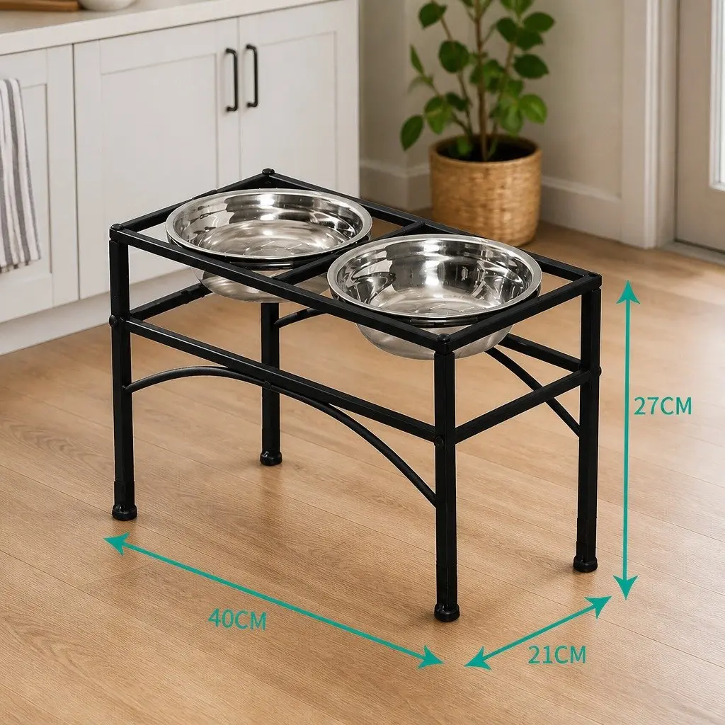 Dual Elevated Raised Pet Dog Feeder Medium 2-in-1 Dish Stainless Steel Bowls Black Iron Base