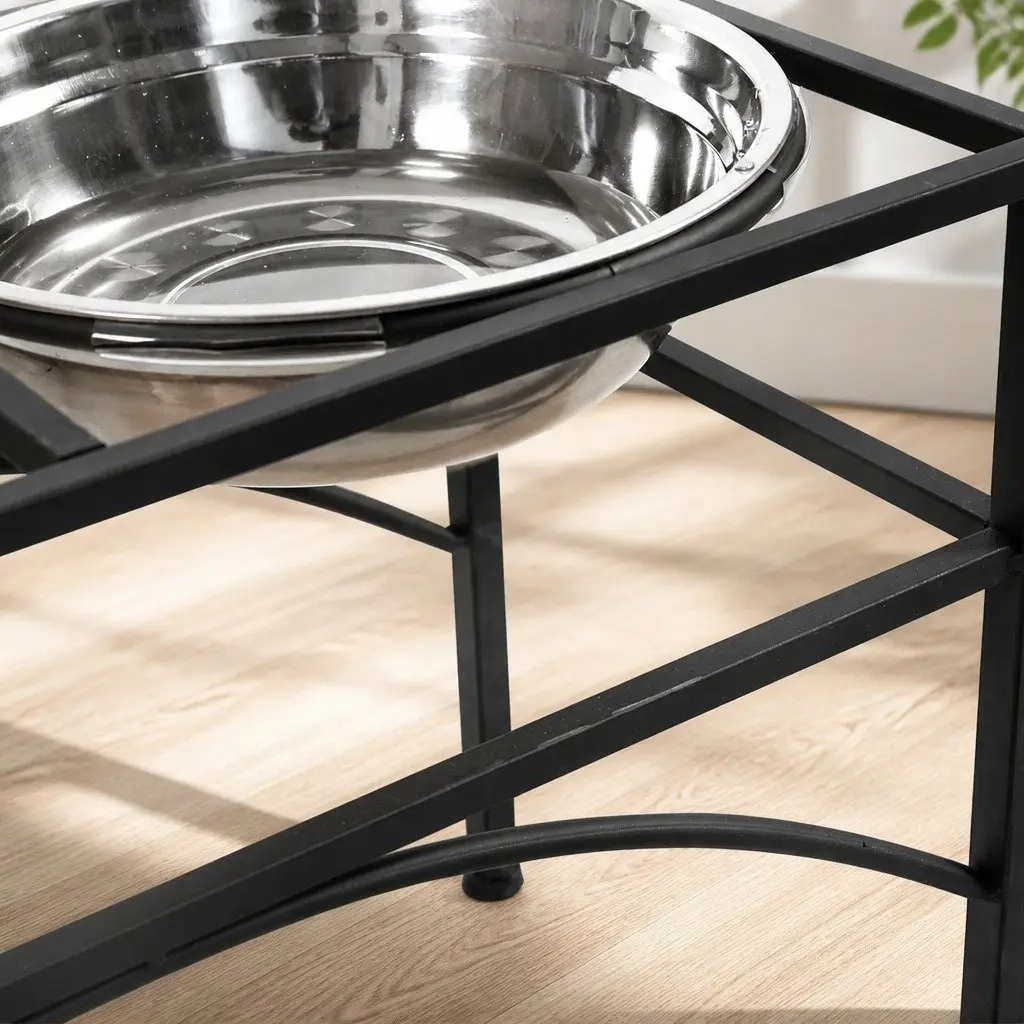 Dual Elevated Raised Pet Dog Feeder Medium 2-in-1 Dish Stainless Steel Bowls Black Iron Base