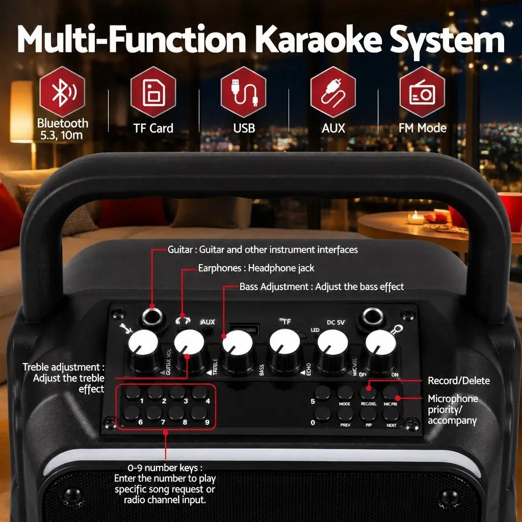 Portable Karaoke Machine Bluetooth 5.3 with 2 Wireless Microphones Black
