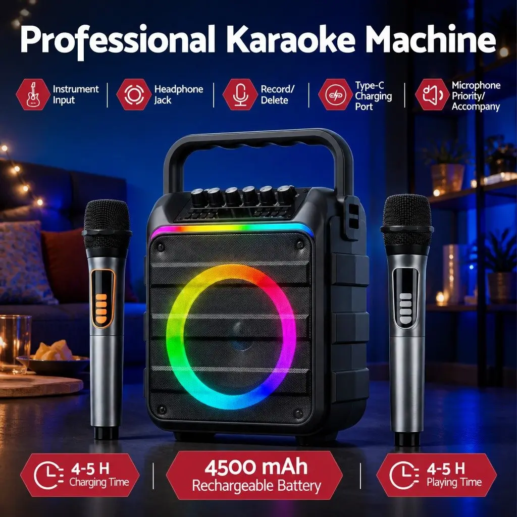 Portable Karaoke Machine Bluetooth 5.3 with 2 Wireless Microphones Black