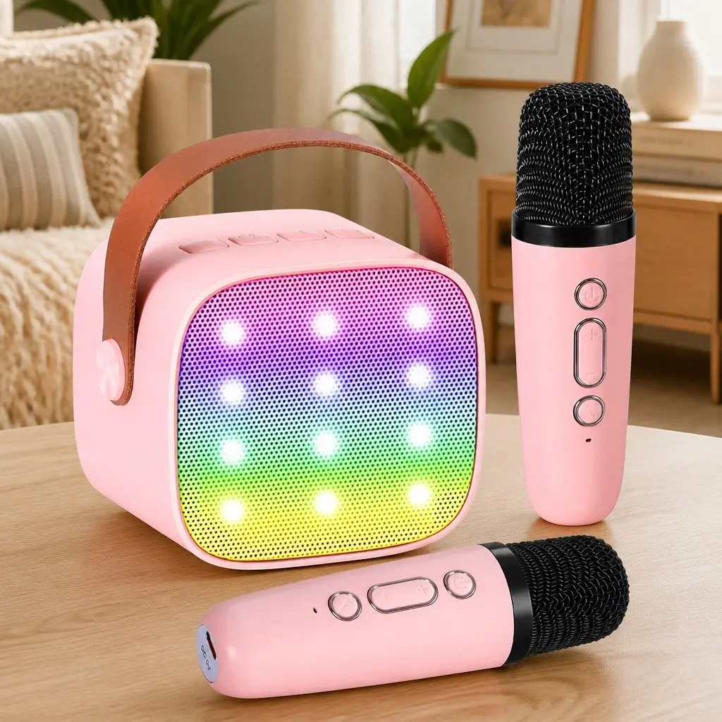 Mini Portable Karaoke Machine Pink Bluetooth Speaker with 2 Wireless Microphones