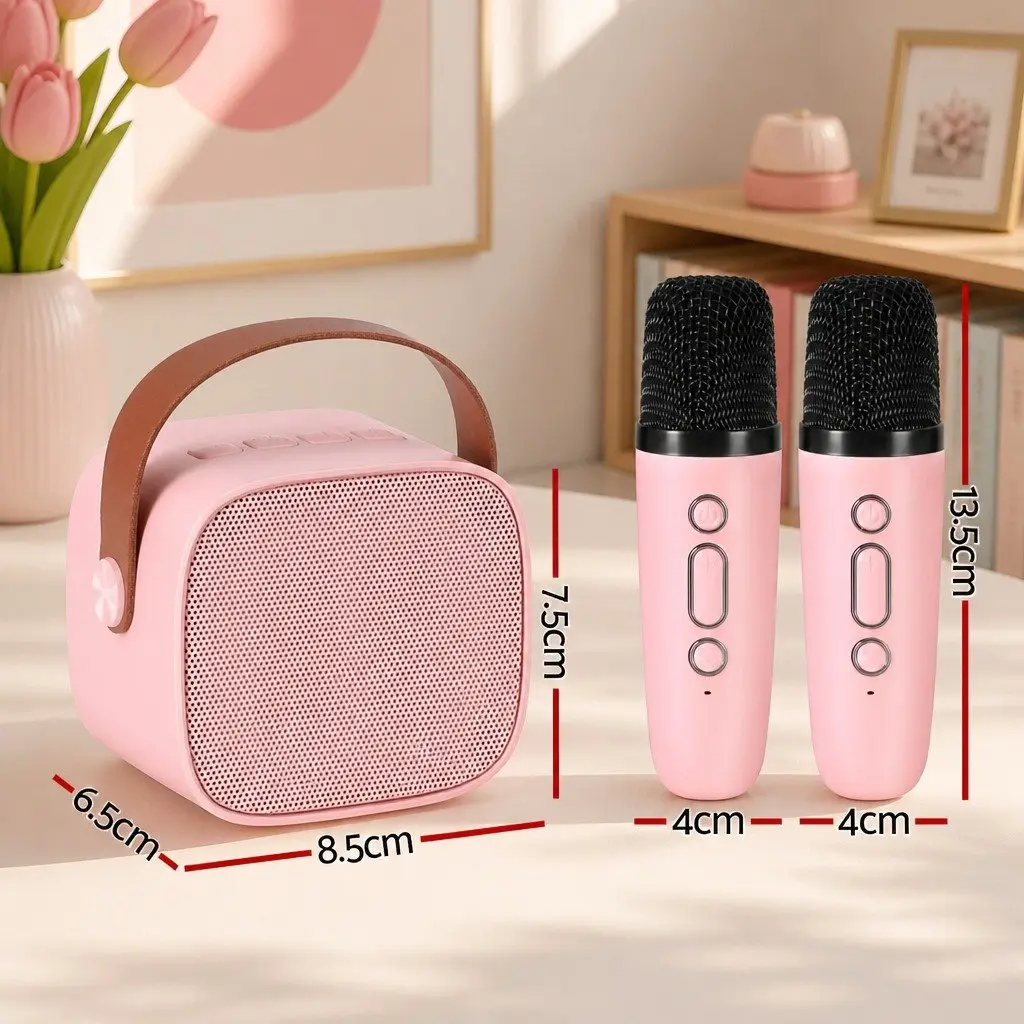 Mini Portable Karaoke Machine Pink Bluetooth Speaker with 2 Wireless Microphones