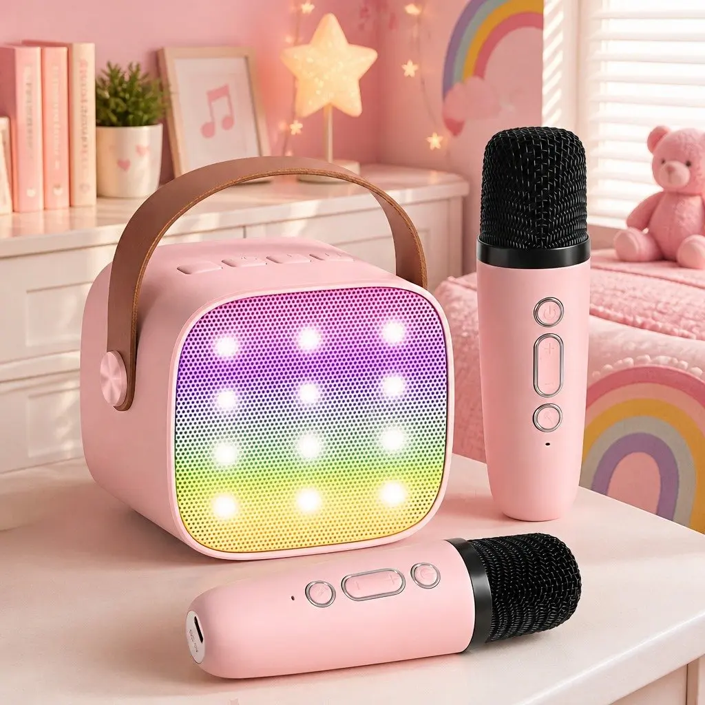 Mini Portable Karaoke Machine Pink Bluetooth Speaker with 2 Wireless Microphones
