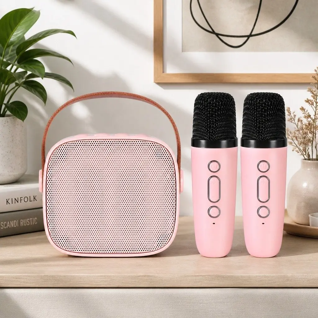 Mini Portable Karaoke Machine Pink Bluetooth Speaker with 2 Wireless Microphones