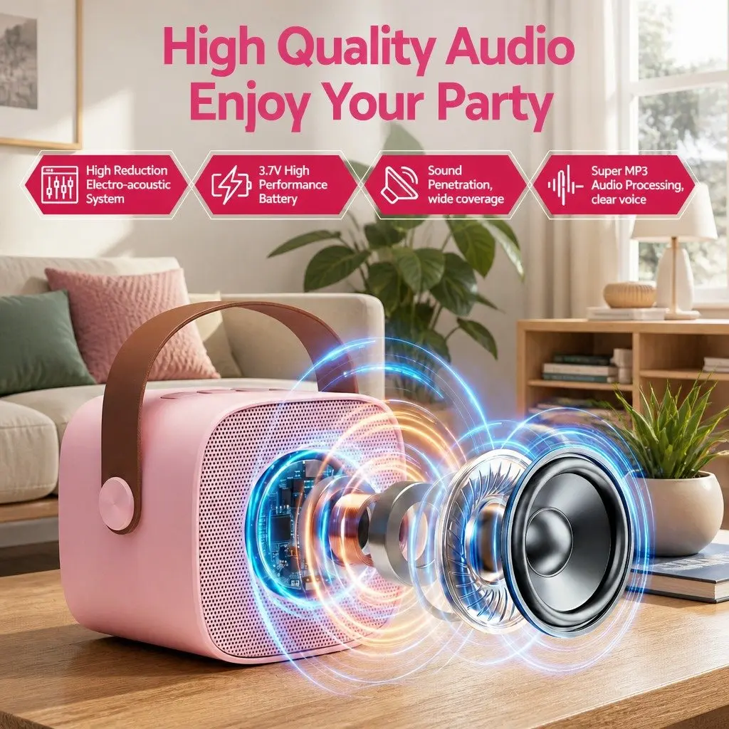 Mini Portable Karaoke Machine Pink Bluetooth Speaker with 2 Wireless Microphones