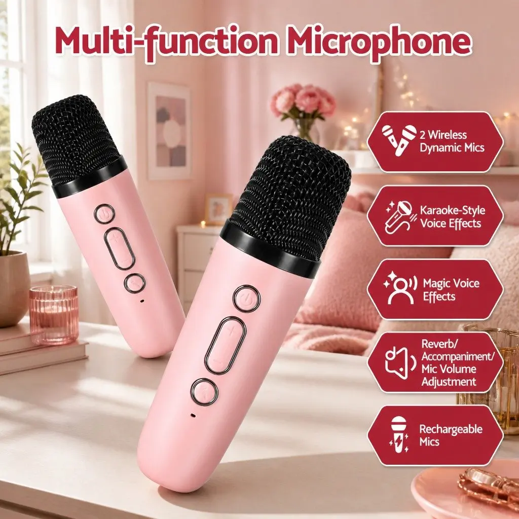 Mini Portable Karaoke Machine Pink Bluetooth Speaker with 2 Wireless Microphones