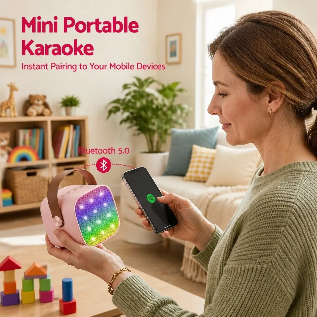 Mini Portable Karaoke Machine Pink Bluetooth Speaker with 2 Wireless Microphones