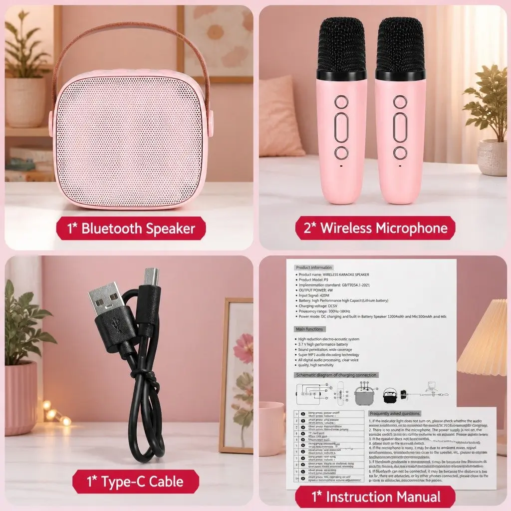 Mini Portable Karaoke Machine Pink Bluetooth Speaker with 2 Wireless Microphones