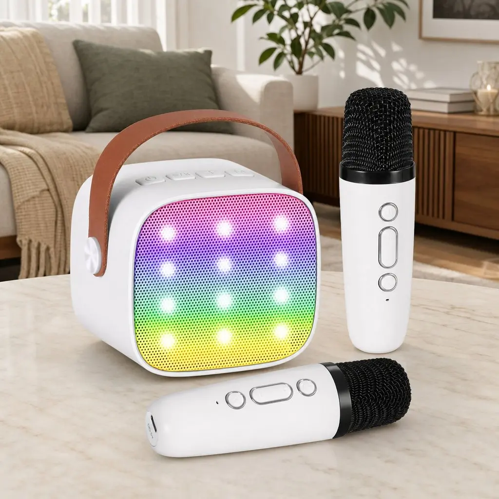 Mini Portable Karaoke Machine Bluetooth Speaker with 2 Wireless Microphones White
