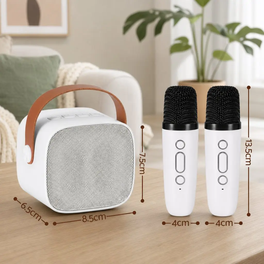 Mini Portable Karaoke Machine Bluetooth Speaker with 2 Wireless Microphones White