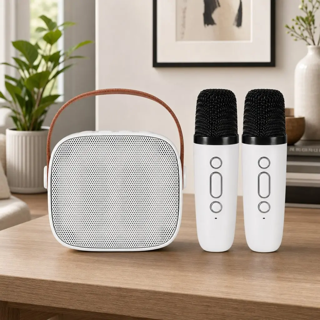 Mini Portable Karaoke Machine Bluetooth Speaker with 2 Wireless Microphones White