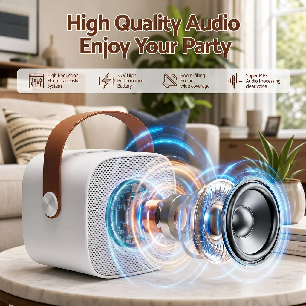 Mini Portable Karaoke Machine Bluetooth Speaker with 2 Wireless Microphones White