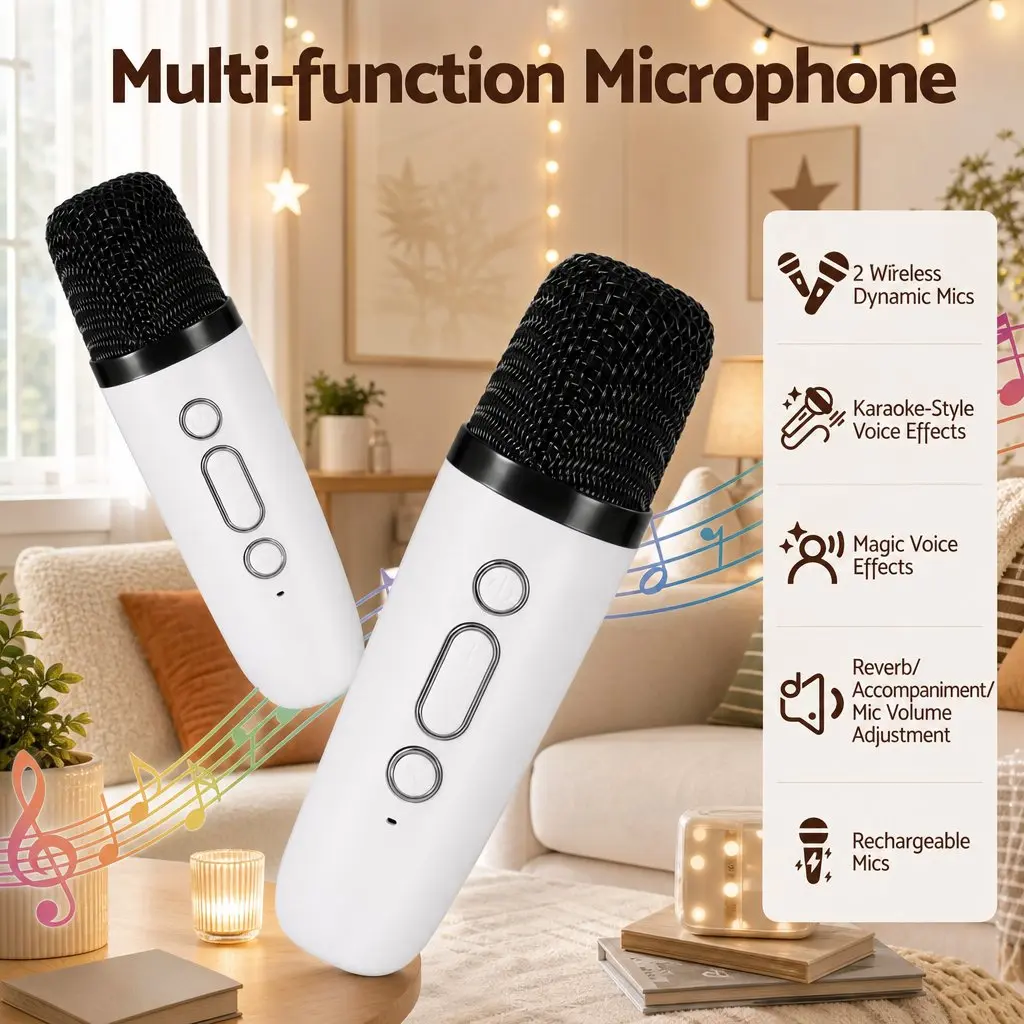 Mini Portable Karaoke Machine Bluetooth Speaker with 2 Wireless Microphones White