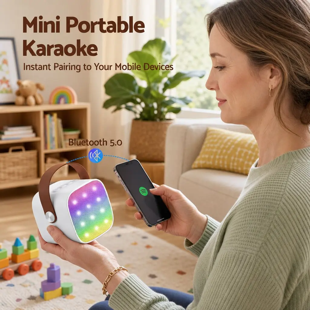 Mini Portable Karaoke Machine Bluetooth Speaker with 2 Wireless Microphones White