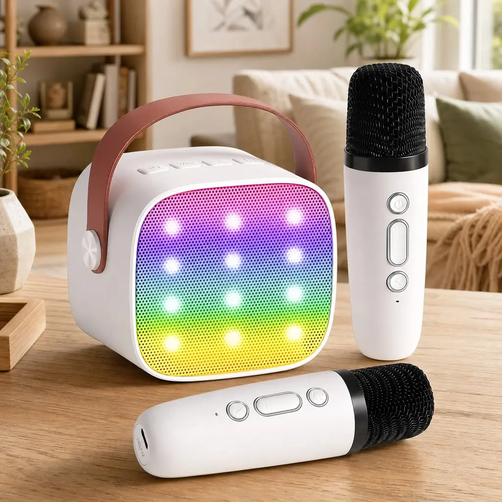 Mini Portable Karaoke Machine Bluetooth Speaker with 2 Wireless Microphones White