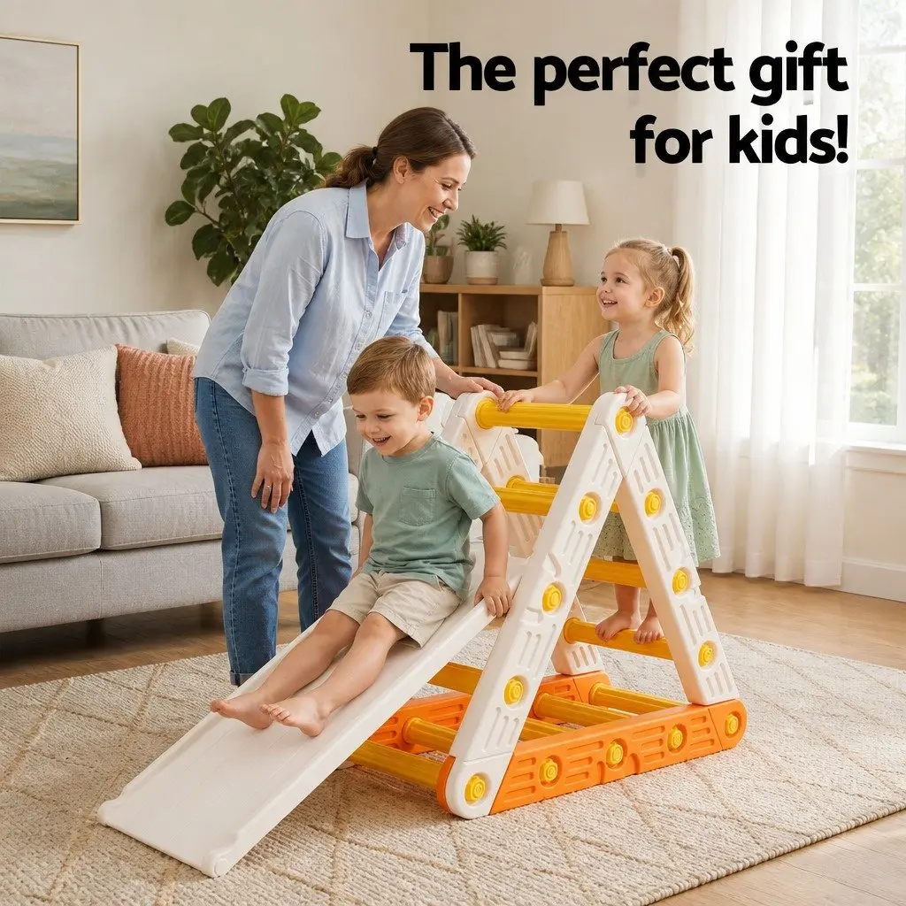 Kids Climbing Frame Set Slide Triangle Ladder Indoor Outdoor 77cm Orange White