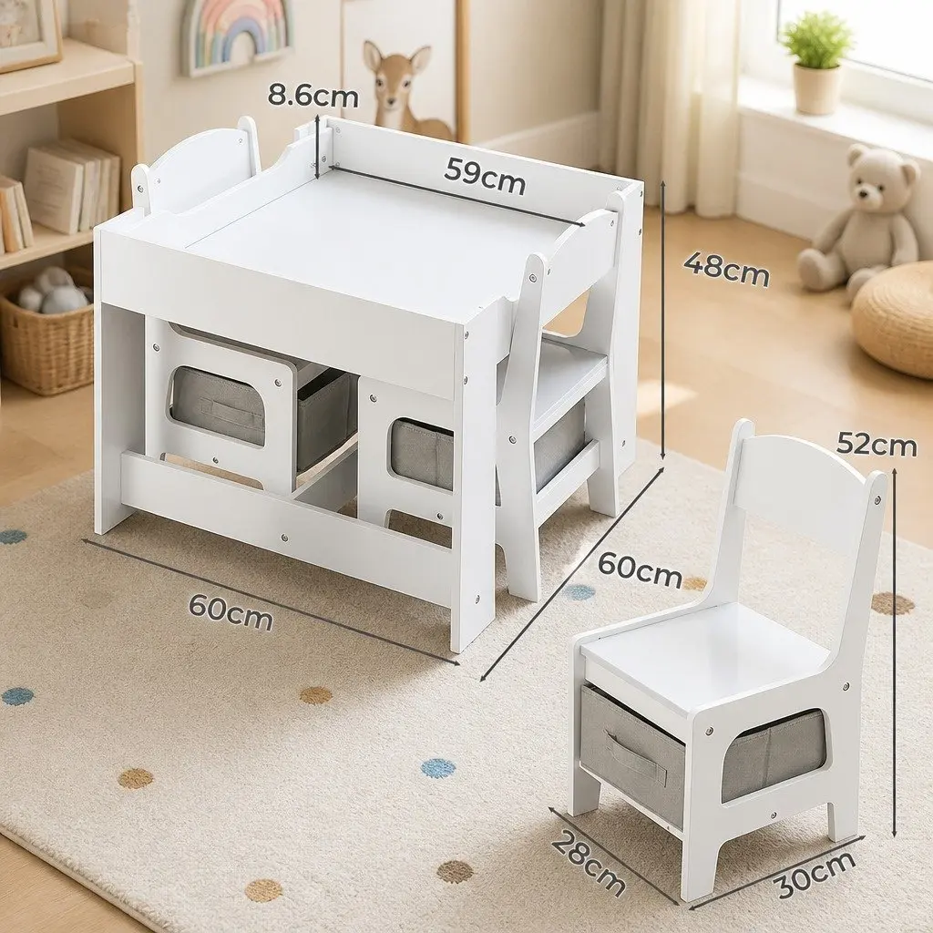 Kids Table and Chairs Set Activity Desk Reversible Blackboard Storage White Grey