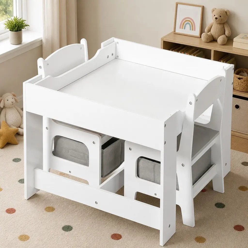 Kids Table and Chairs Set Activity Desk Reversible Blackboard Storage White Grey