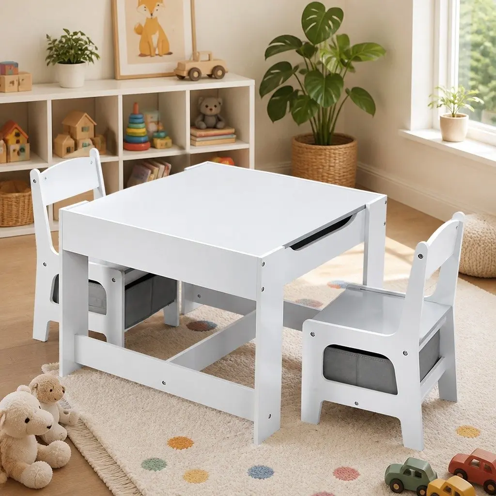 Kids Table and Chairs Set Activity Desk Reversible Blackboard Storage White Grey