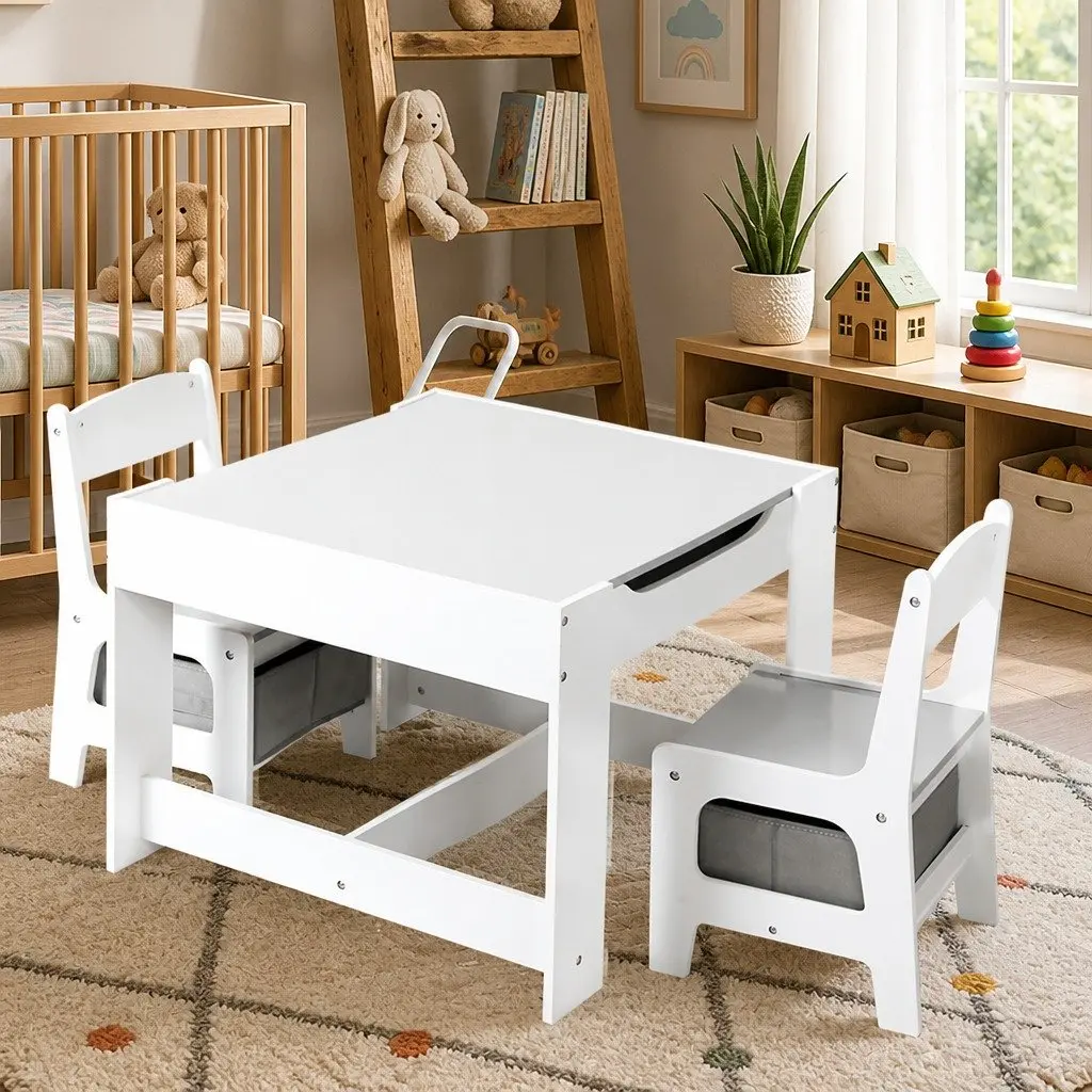 Kids Table and Chairs Set Activity Desk Reversible Blackboard Storage White Grey