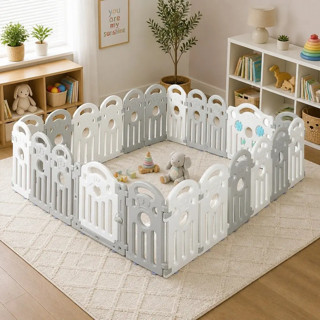 Kids Playpen Safety Gate 22 Panels Portable Indoor Outdoor Grey
