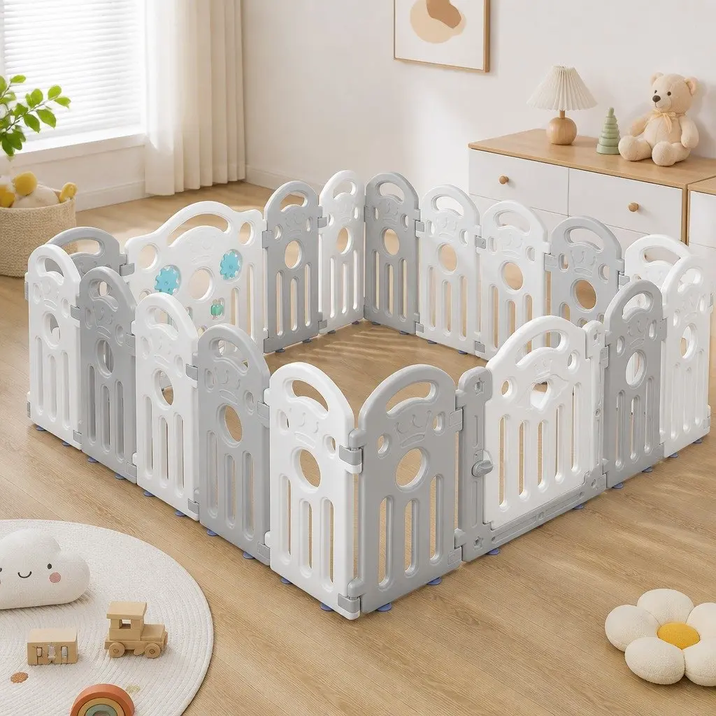 Kids Playpen Safety Gate 18 Panels Portable Indoor Outdoor Play Pen Grey