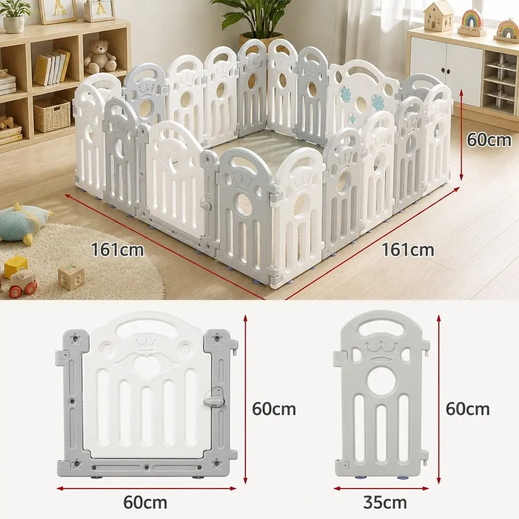Kids Playpen Safety Gate 18 Panels Portable Indoor Outdoor Play Pen Grey